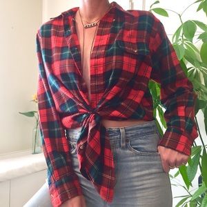 Y2K Era Cozy Red Green Plaid Flannel Natural Lambswool Long Sleeve Button Shirt